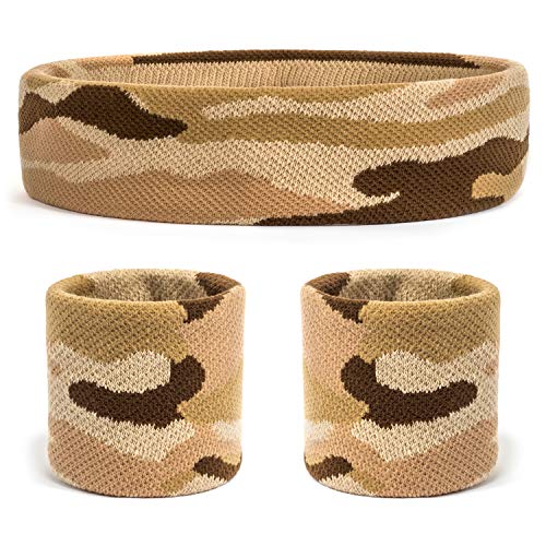 Suddora Camo Headband/Wrist Band Set - Camouflage Sweatbands for Basketball, Tennis, Working Out, Gym (Tan) - Image 1