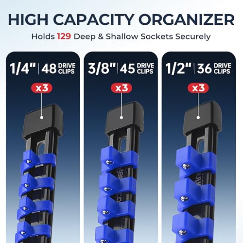 Reniteco 9-Piece Socket Organizer Set - 1/4-Inch x 48 Clips, 3/8-Inch x 45 Clips, 1/2-Inch x 36 Clips, Heavy Duty ABS Socket Holder, Premium Quality Socket Clip Rail Holder for Tool Box Drawer - Image 5