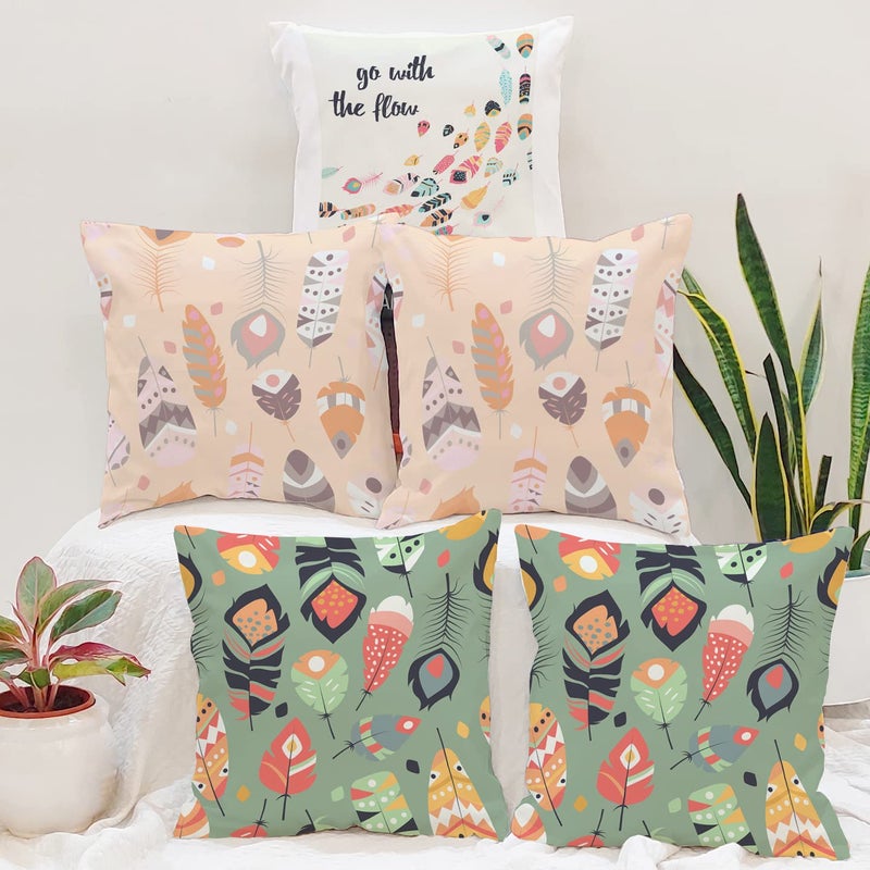 BRICK HOME Set of 5 Polycotton Printed Cushion Covers 18x18 Inches | Feather & Typography Design | Pastel Peach, Green & Multicolor | Soft Decorative Pillow Covers for Sofa, Couch & Living Room - Image 5