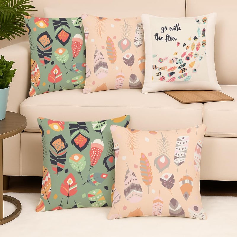 BRICK HOME Set of 5 Polycotton Printed Cushion Covers 18x18 Inches | Feather & Typography Design | Pastel Peach, Green & Multicolor | Soft Decorative Pillow Covers for Sofa, Couch & Living Room - Image 2