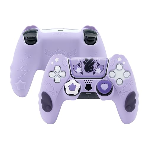 GeekShare Controller Skin Set Compatible with PlayStation 5 Wireless Controller AntiSlip Silicone Protective Cover CaseIncludes 2 Thumb Grips and 2 Stickers Star Wings Purple - Image 1