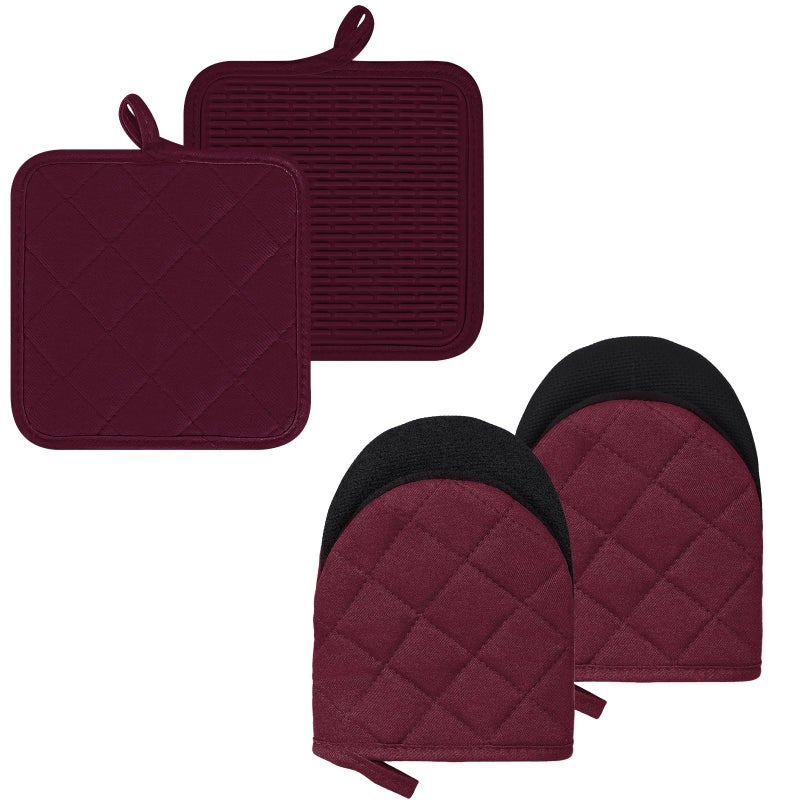 Goldmeet Oven Mitts and Pot Holders Set  Pack of 4  Heat Resistant Silicone Kitchen Mini Oven Mittens for 500 Degrees  Mini Oven Gloves and Hot Pads for Baking Grilling Barbecue Microwave Machine Washable - Image 1