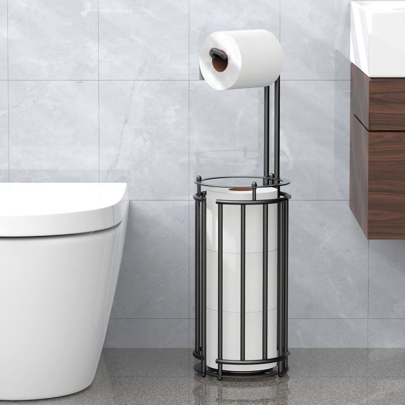 Meangood Toilet Paper Holder Stand And Tissue Paper Roll Dispenser For 4 Mega Rolls  Bathroom Free Standing Tissue Roll Storage Holder Rack Detachable (Black) - Image 3