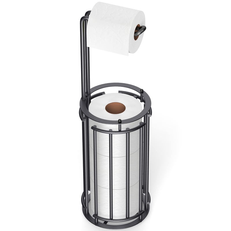 Meangood Toilet Paper Holder Stand And Tissue Paper Roll Dispenser For 4 Mega Rolls  Bathroom Free Standing Tissue Roll Storage Holder Rack Detachable (Black) - Image 2