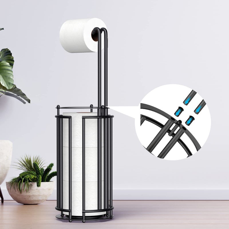 Meangood Toilet Paper Holder Stand And Tissue Paper Roll Dispenser For 4 Mega Rolls  Bathroom Free Standing Tissue Roll Storage Holder Rack Detachable (Black) - Image 4