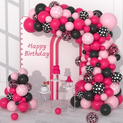 Cunnikku Black and Pink Balloon Garland Arch Kit 122PCS Hot Pink Black Rose Confetti Balloons for Princess Girl Birthday Wedding Baby Shower Bridal Shower Engagement Bachelorette Mean Girls Party Decorations - Image 1