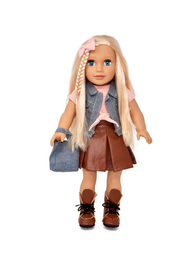 Gift Boutique 18 Inch Girl Doll Fashion Doll With Fine Blonde Long Hair For Styling Blue Eyes Leather Skirt And Boots Denim Jacket Hair Bow Handbag Doll Clothes And Accessories Princess Doll For Girls And Kids  - Image 3