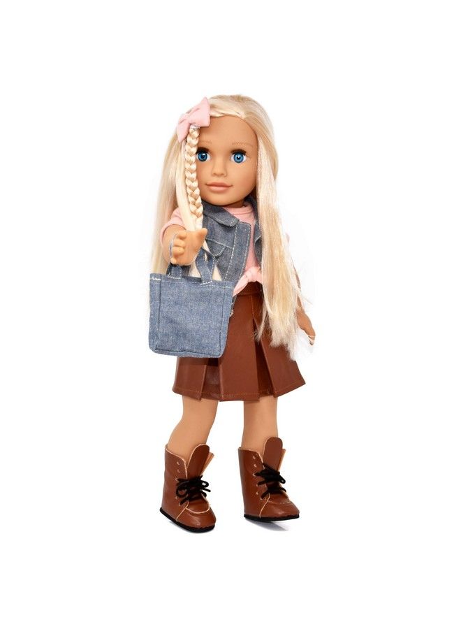 Gift Boutique 18 Inch Girl Doll Fashion Doll With Fine Blonde Long Hair For Styling Blue Eyes Leather Skirt And Boots Denim Jacket Hair Bow Handbag Doll Clothes And Accessories Princess Doll For Girls And Kids  - Image 2