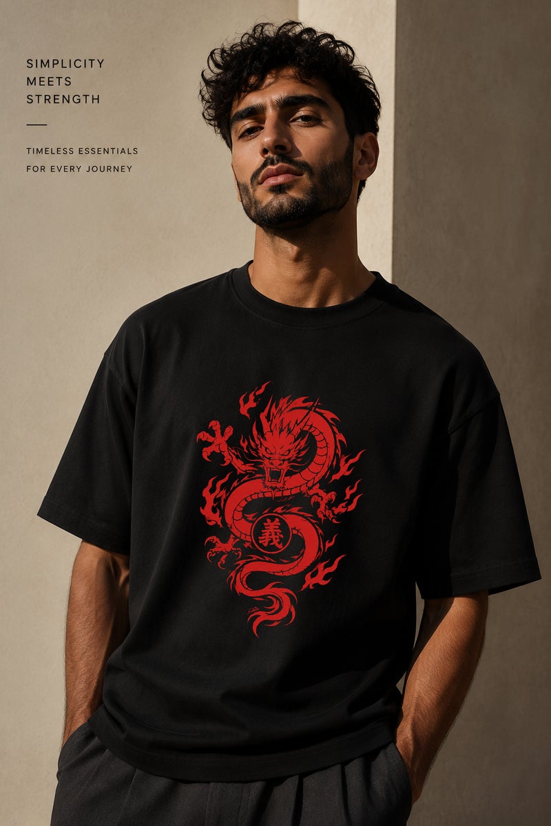 Men's Oversized Black Dragon Graphic T-Shirt Casual Short Sleeve Crew Neck Streetwear Tee - Image 1