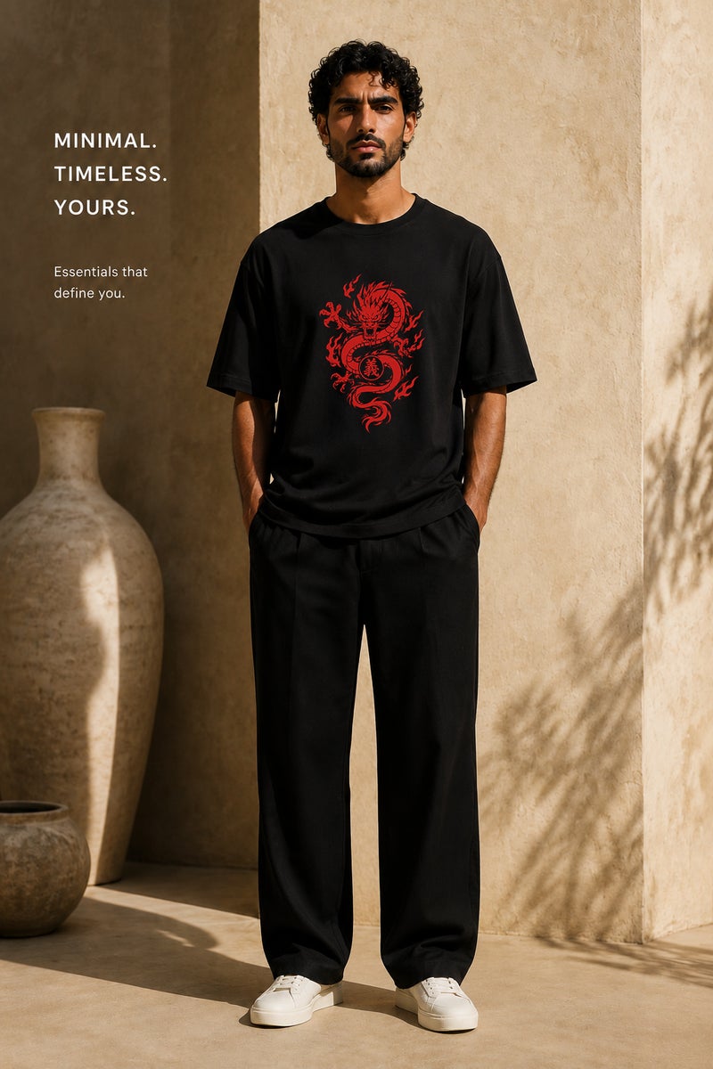 Men's Oversized Black Dragon Graphic T-Shirt Casual Short Sleeve Crew Neck Streetwear Tee - Image 2
