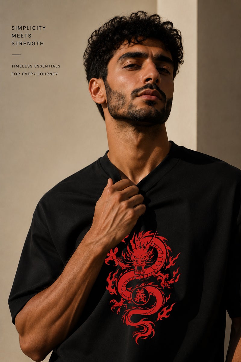 Men's Oversized Black Dragon Graphic T-Shirt Casual Short Sleeve Crew Neck Streetwear Tee - Image 5