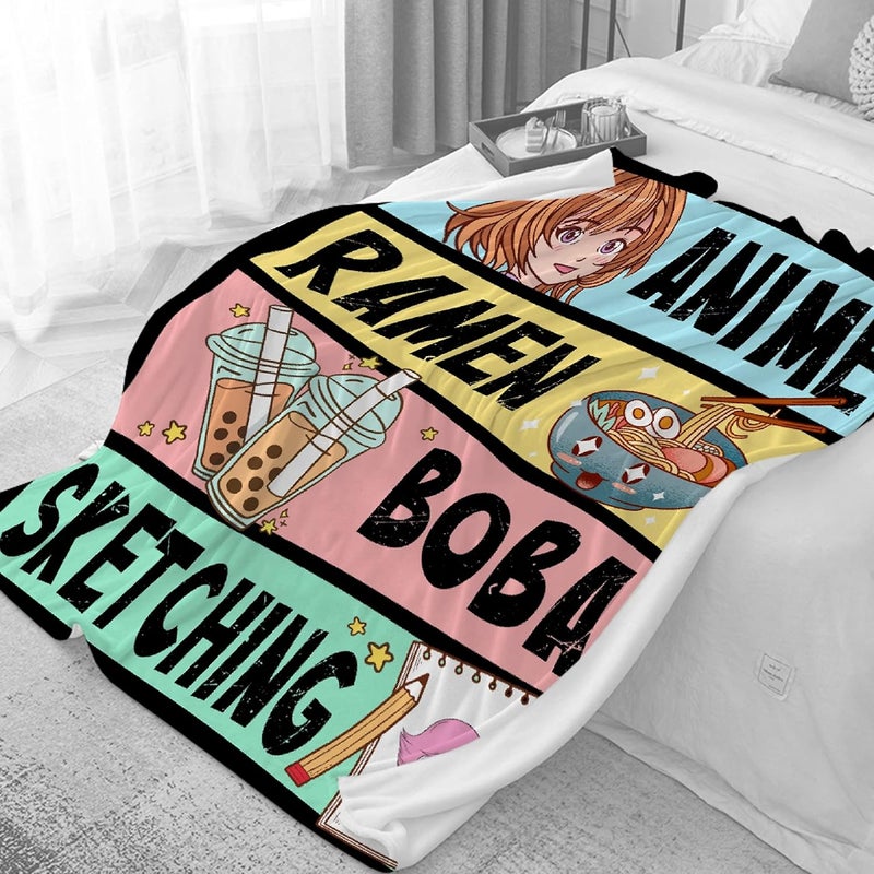 AIBILEEN Anime Blanket Gifts for Girls Kawaii Anime Decor for Women Anime Ramen Boba Sketching Flannel Blanket Anime Lover Stuff, Luxurious Warm and Cozy for M 50X60 Inch for Teen/Travel - Image 2