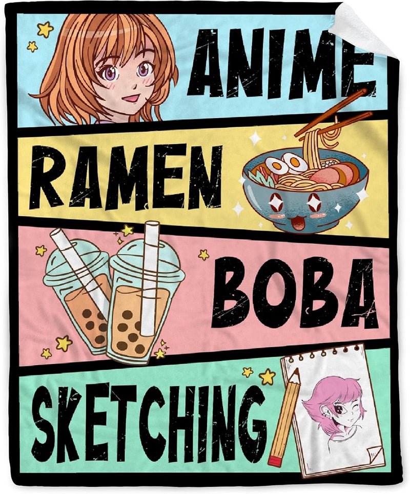 AIBILEEN Anime Blanket Gifts for Girls Kawaii Anime Decor for Women Anime Ramen Boba Sketching Flannel Blanket Anime Lover Stuff, Luxurious Warm and Cozy for M 50X60 Inch for Teen/Travel - Image 1