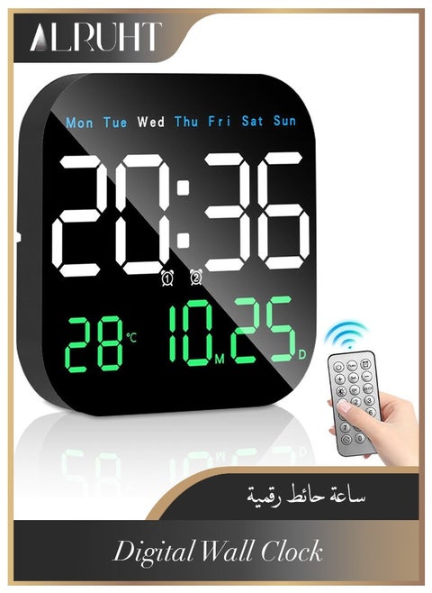 Digital Wall Clock, LED Digital Clock with Remote Control for Living Room Decoration, Week, Date, Temperature in 3 Colors, Auto Brightness, Standing and Hanging, Not Included Batteries