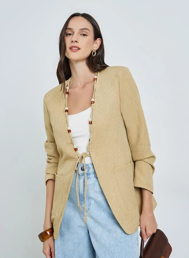 تايك تو Women's Solid Pocket Detail Beaded Decor Neck Long Sleeve Jacket