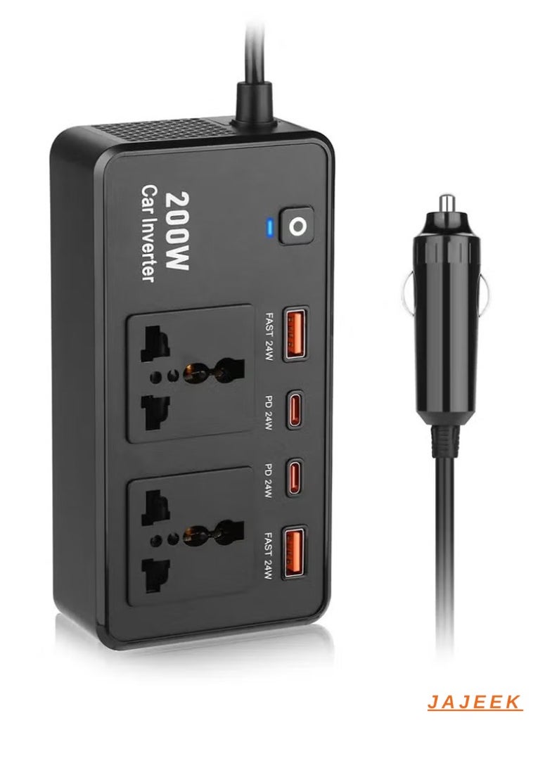 JAJEEK 200W Car Inverter 12V DC to 220V AC Power Adapter – Dual USB-A & Type-C Ports, 12V to 220V Conversion for Laptop, Smartphone, and Other Electronics, Compact and Portable Design for Car, Travel, and On-the-Go Power Supply  - Image 1