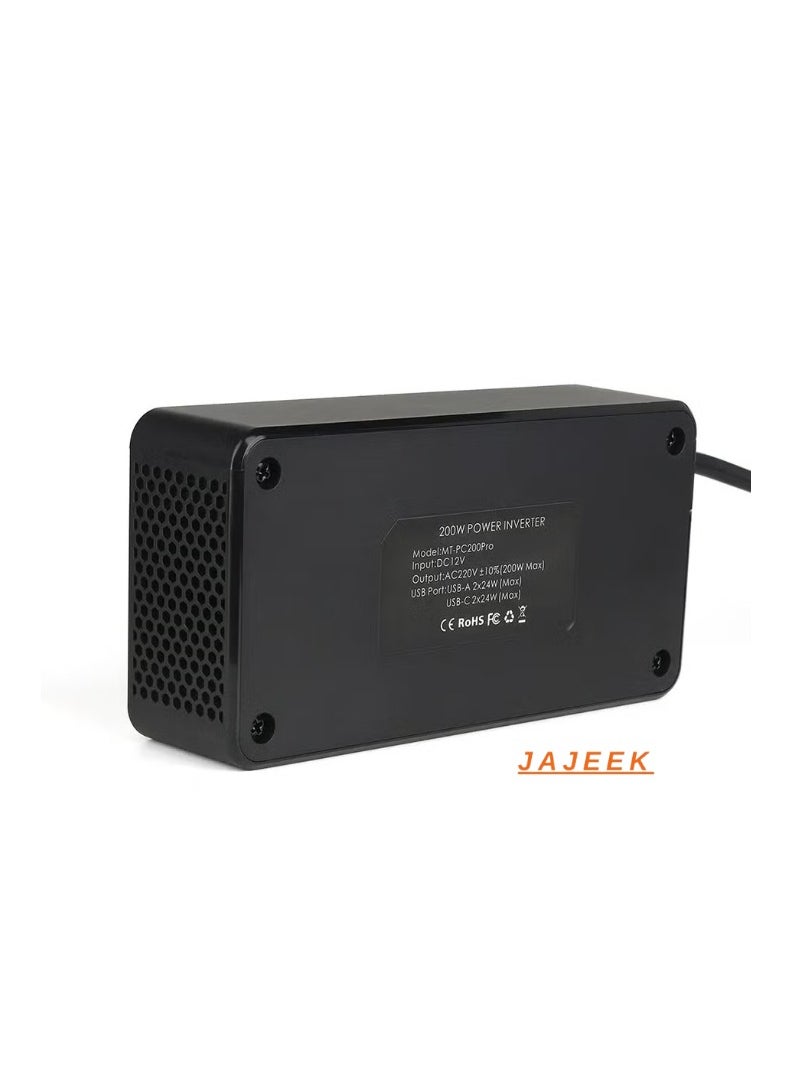 JAJEEK 200W Car Inverter 12V DC to 220V AC Power Adapter – Dual USB-A & Type-C Ports, 12V to 220V Conversion for Laptop, Smartphone, and Other Electronics, Compact and Portable Design for Car, Travel, and On-the-Go Power Supply  - Image 2