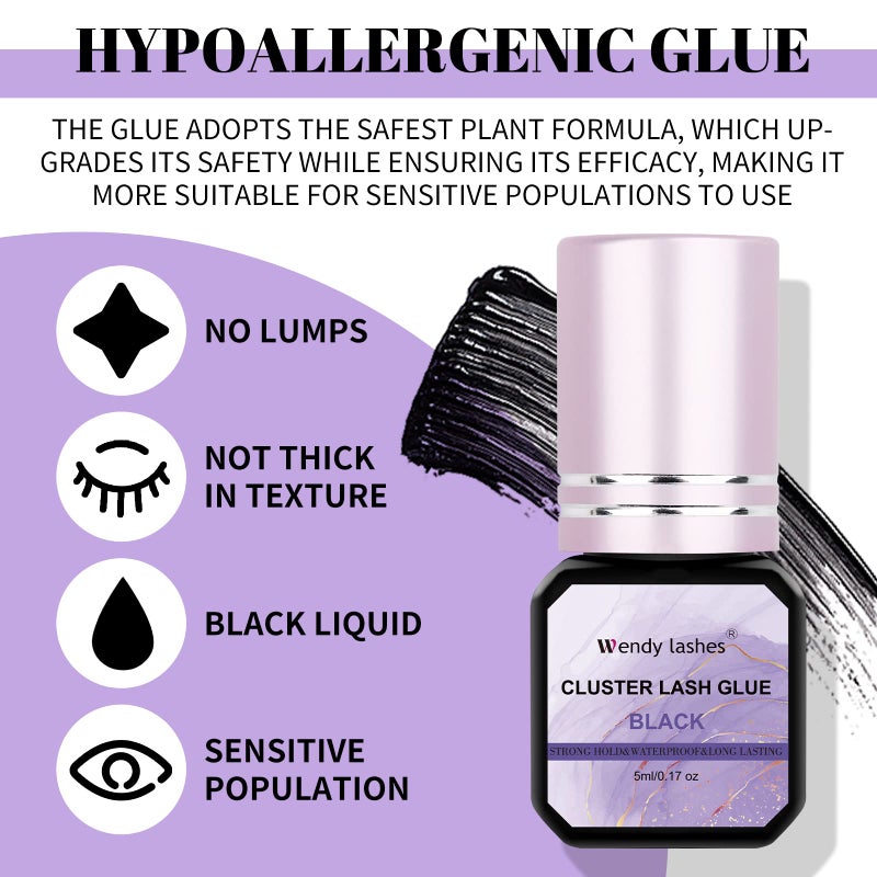 WENDY LASHES Lash Cluster Glue Eyelash Black Sensitive Fast Drying Waterproof Lashes-Glue Individual Long Lasting DIY Lashes Extension Strong Hold-for Using at Home(5ML) - Image 2