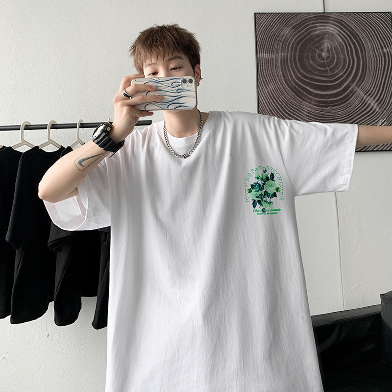 Back Rose Pattern Short-Sleeved T-Shirt Men'S Summer Ins American Style Retro Fashion Brand Five-Sleeved Hiphop Hong Kong Style T-Shirt - Image 5