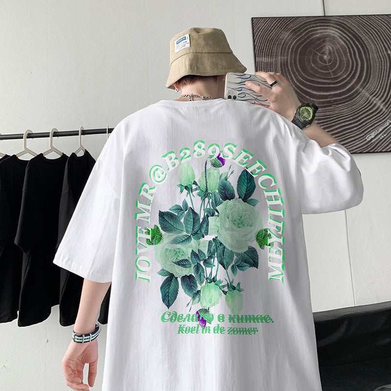 Back Rose Pattern Short-Sleeved T-Shirt Men'S Summer Ins American Style Retro Fashion Brand Five-Sleeved Hiphop Hong Kong Style T-Shirt - Image 2