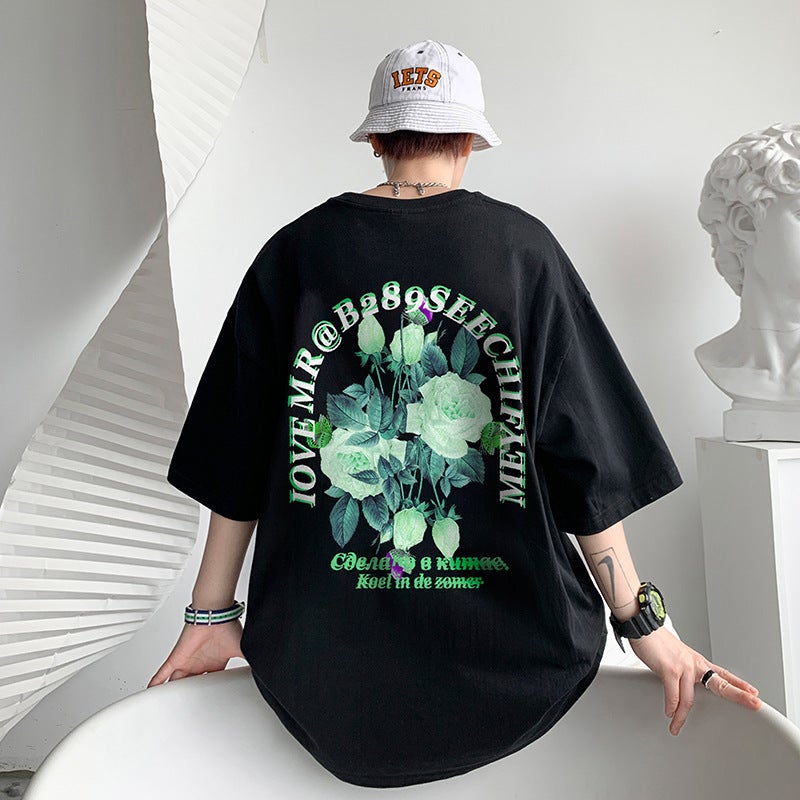 Back Rose Pattern Short-Sleeved T-Shirt Men'S Summer Ins American Style Retro Fashion Brand Five-Sleeved Hiphop Hong Kong Style T-Shirt - Image 4