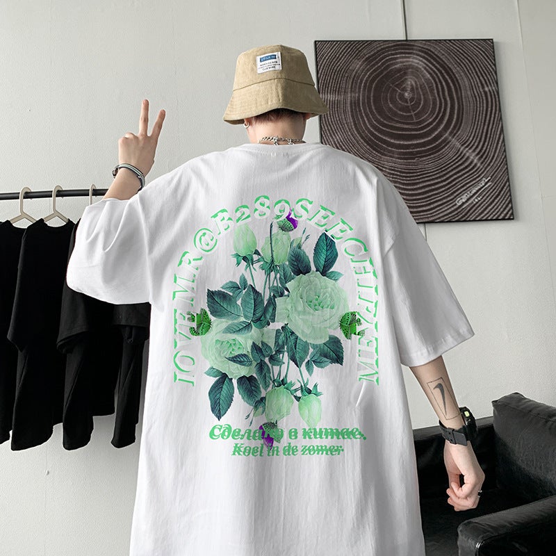 Back Rose Pattern Short-Sleeved T-Shirt Men'S Summer Ins American Style Retro Fashion Brand Five-Sleeved Hiphop Hong Kong Style T-Shirt - Image 3