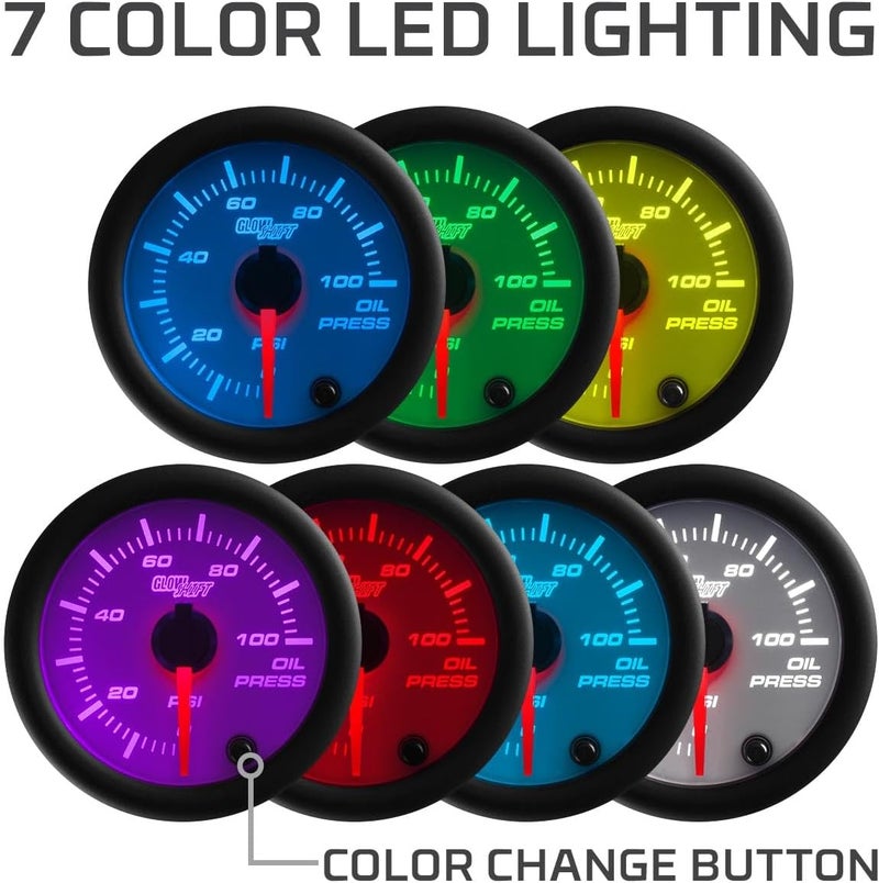 GLOWSHIFT White 7 Color 100 PSI Oil Pressure Gauge Kit - Includes 1/8-27 NPT Electronic Sensor & Wiring - Multi-Color Display - White Dial - Clear Lens - for Car & Truck - 2-1/16" 52mm - Image 3