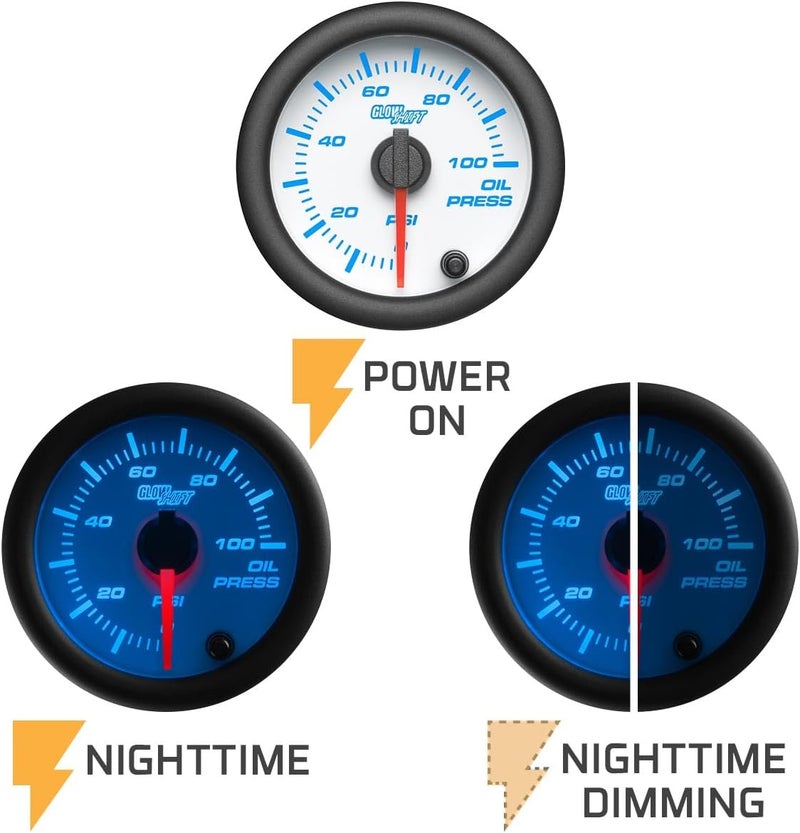 GLOWSHIFT White 7 Color 100 PSI Oil Pressure Gauge Kit - Includes 1/8-27 NPT Electronic Sensor & Wiring - Multi-Color Display - White Dial - Clear Lens - for Car & Truck - 2-1/16" 52mm - Image 4