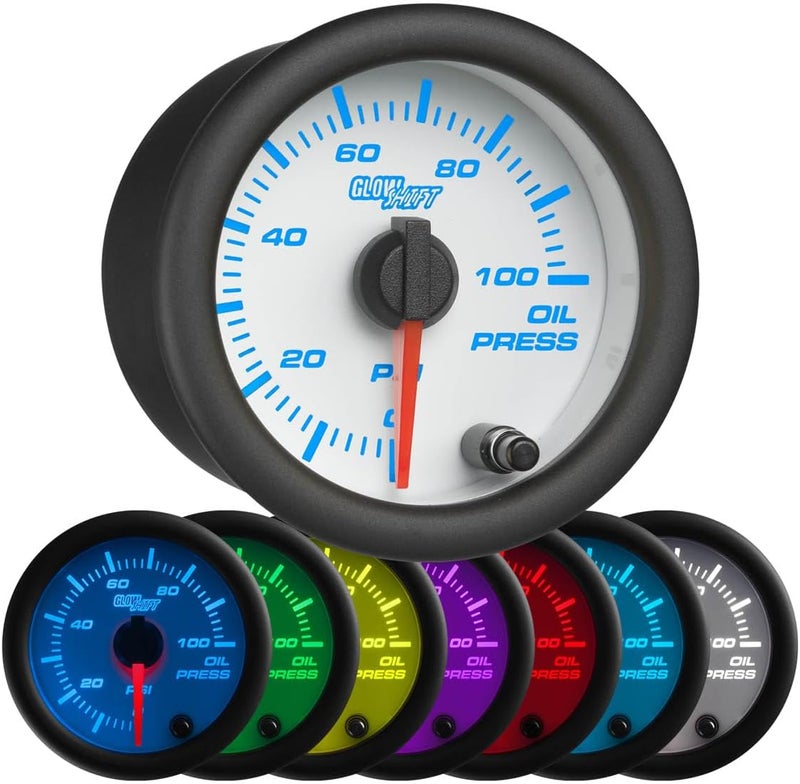GLOWSHIFT White 7 Color 100 PSI Oil Pressure Gauge Kit - Includes 1/8-27 NPT Electronic Sensor & Wiring - Multi-Color Display - White Dial - Clear Lens - for Car & Truck - 2-1/16" 52mm - Image 1