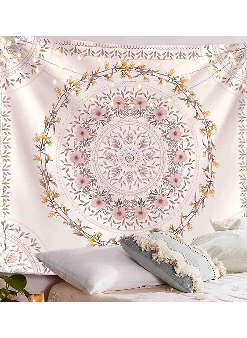 Generic White Bohemian Tapestry Wall Hanging Mandala Floral Medallion Hippie with Light Brown Aesthetic Wreath Design Cream Decor Blanket for Bedroom Home Dorm  - Image 3