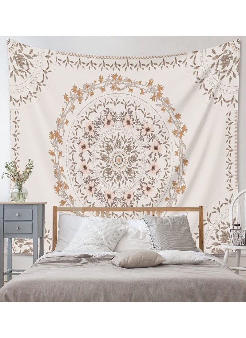 Generic White Bohemian Tapestry Wall Hanging Mandala Floral Medallion Hippie with Light Brown Aesthetic Wreath Design Cream Decor Blanket for Bedroom Home Dorm  - Image 1