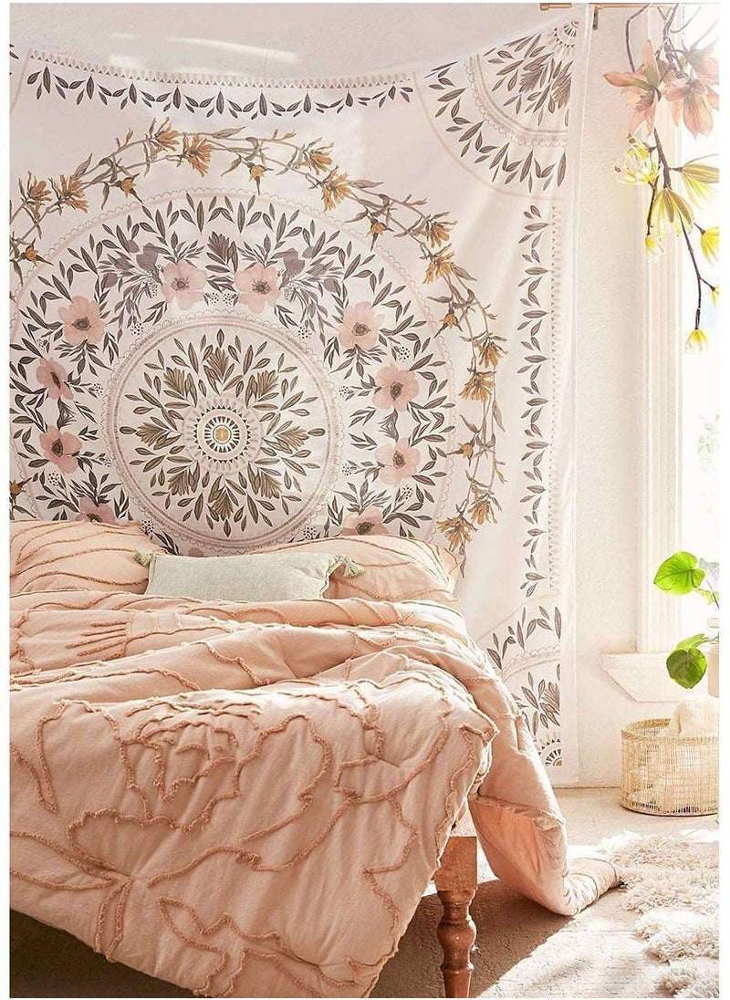 Generic White Bohemian Tapestry Wall Hanging Mandala Floral Medallion Hippie with Light Brown Aesthetic Wreath Design Cream Decor Blanket for Bedroom Home Dorm  - Image 2