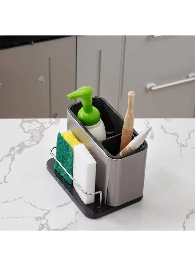 HIAS Stainless Steel Kitchen Organizer with Removable Drip Tray & Sponge Holder | All-in-One Storage for Sponges, Brushes & Soap | Rust-Resistant & Space-Saving (Black-Silver) - Image 3