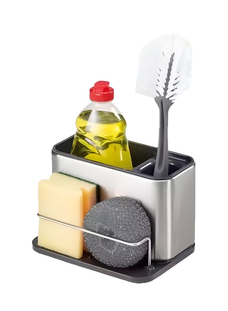 HIAS Stainless Steel Kitchen Organizer with Removable Drip Tray & Sponge Holder | All-in-One Storage for Sponges, Brushes & Soap | Rust-Resistant & Space-Saving (Black-Silver) - Image 1