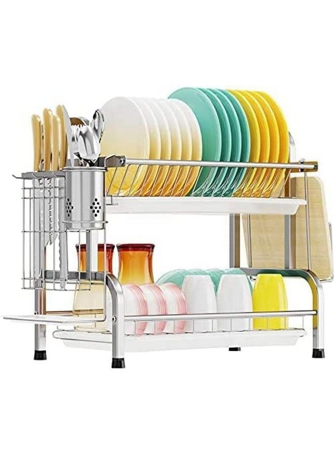 swabs Dish Drying Rack, Stainless Steel 2 Tier Dish Rack With Drain Plate, Utensil Holder, Cutting Board Holder, Stainless Drain Tap For Kitchen Countertop, Silver, 12X10X8 Cm - Image 1