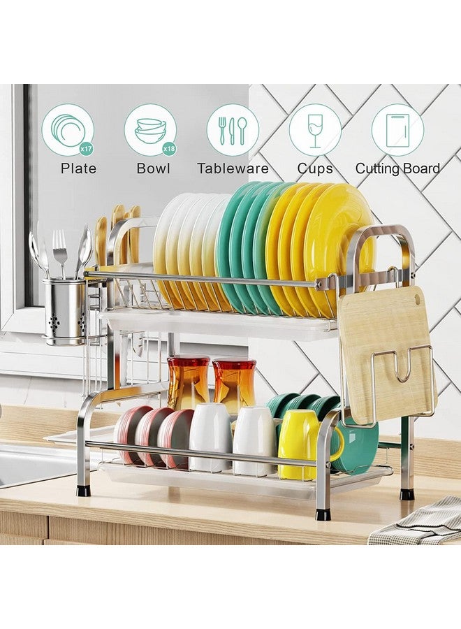 swabs Dish Drying Rack, Stainless Steel 2 Tier Dish Rack With Drain Plate, Utensil Holder, Cutting Board Holder, Stainless Drain Tap For Kitchen Countertop, Silver, 12X10X8 Cm - Image 2