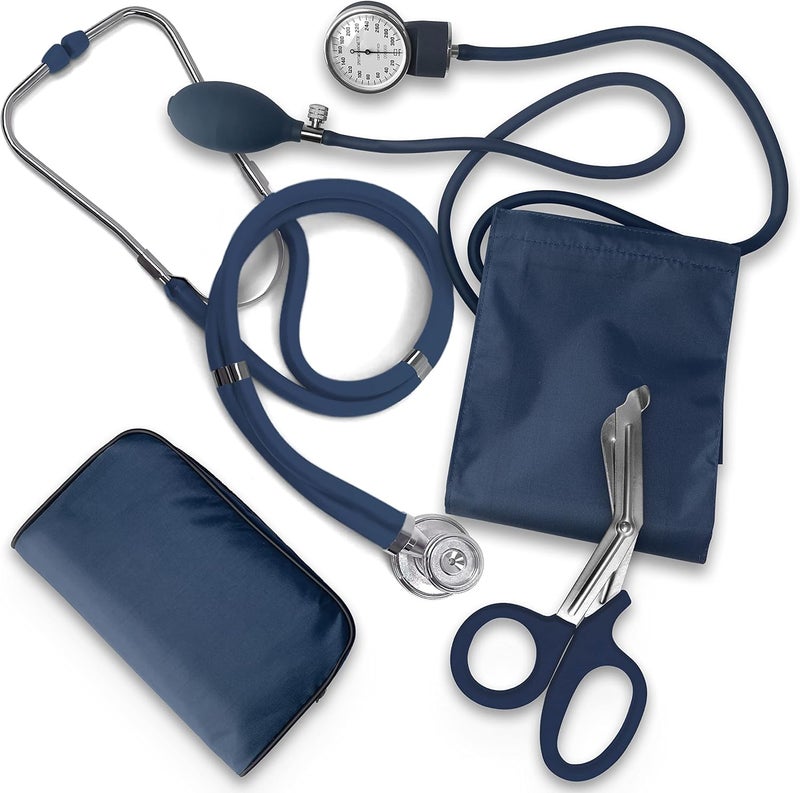 ASA Techmed طقم بداية ممرض EMT: سماعة طبية، جهاز قياس ضغط الدم ومقص EMT بطول 7.5 بوصة - هدية مثالية للممرضين، طلاب الطب، رجال الإطفاء، الشرطة والاستخدام الشخصي (أزرق داكن) - مجموعة مكونة من 4 قطع - Image 1