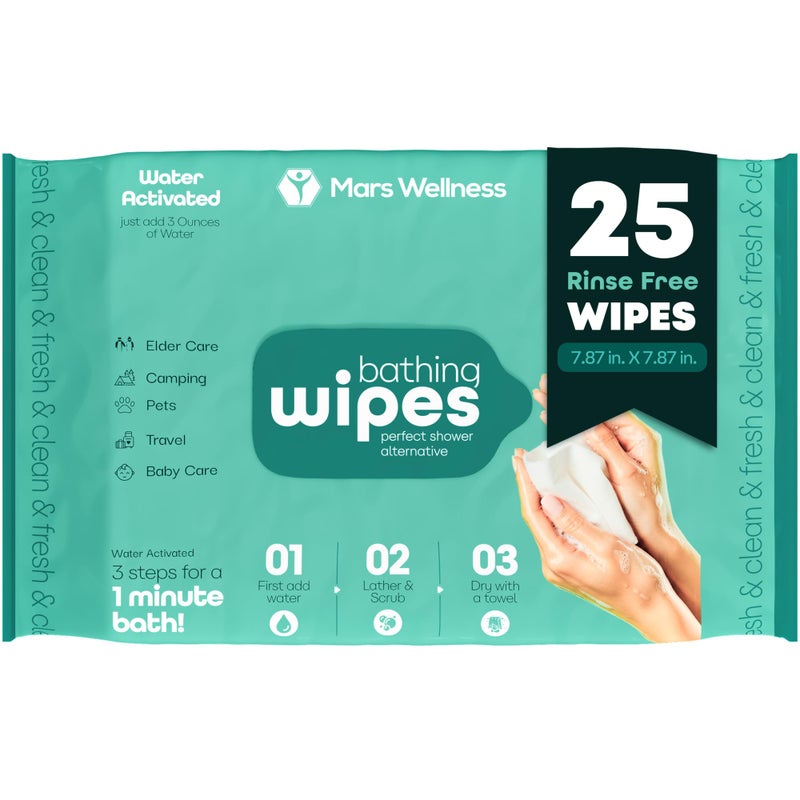 MARS WELLNESS No Rinse Bathing Wipes - Just Add Water - 25 Pack - Disposable Rinse Free Bath Sponges For Adults - Original Latherz - Soap Infused Dry Shower Body Wipes - Pack of 25 Cloths - Image 1