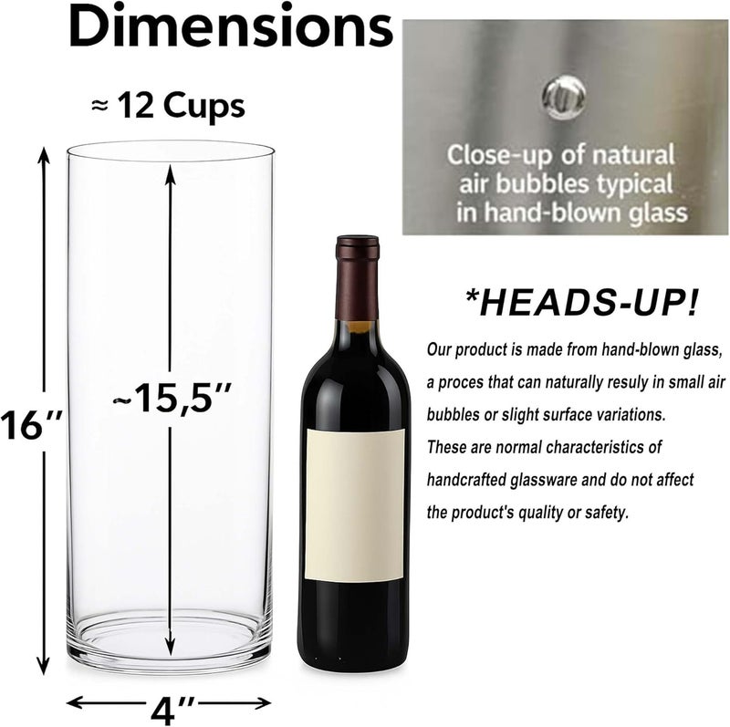 CYS EXCEL Clear Glass Cylinder Vase (H:16" D:4") | Multiple Size Choices Glass Flower Vase Centerpieces | Hurricane Floating Candle Holder Vase - Image 1