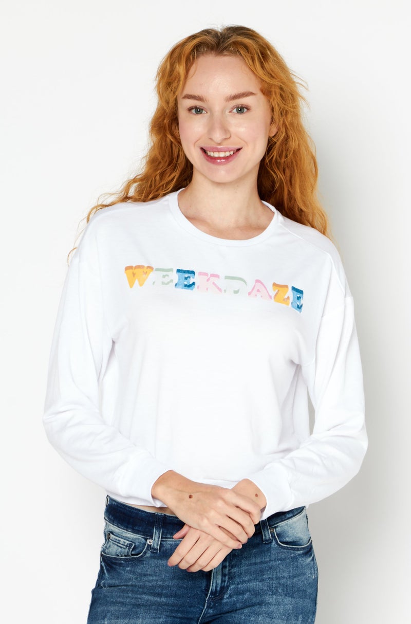 Kensie Women Round Neck Graphic Print Crop Sweatshirt, White - Image 1