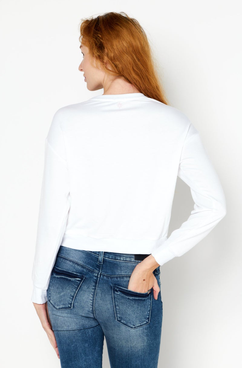 Kensie Women Round Neck Graphic Print Crop Sweatshirt, White - Image 4