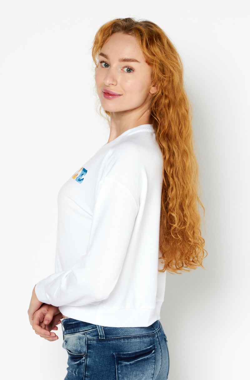 Kensie Women Round Neck Graphic Print Crop Sweatshirt, White - Image 2