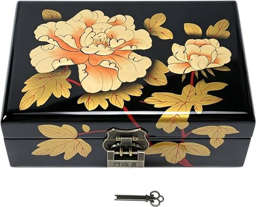 GLTL Handcrafted Chinese Antique Lacquer Jewelry Organizer with Multi-Layer Compartments & Built-in Mirror - High-Gloss Finish, Elegant Wedding Anniversary Birthday Gift Box for Women - Image 1