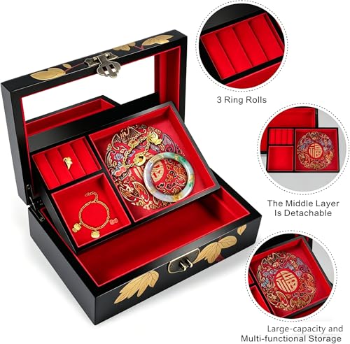 GLTL Handcrafted Chinese Antique Lacquer Jewelry Organizer with Multi-Layer Compartments & Built-in Mirror - High-Gloss Finish, Elegant Wedding Anniversary Birthday Gift Box for Women - Image 2