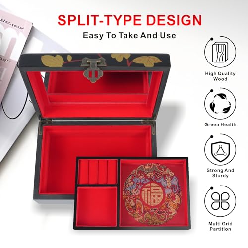 GLTL Handcrafted Chinese Antique Lacquer Jewelry Organizer with Multi-Layer Compartments & Built-in Mirror - High-Gloss Finish, Elegant Wedding Anniversary Birthday Gift Box for Women - Image 4