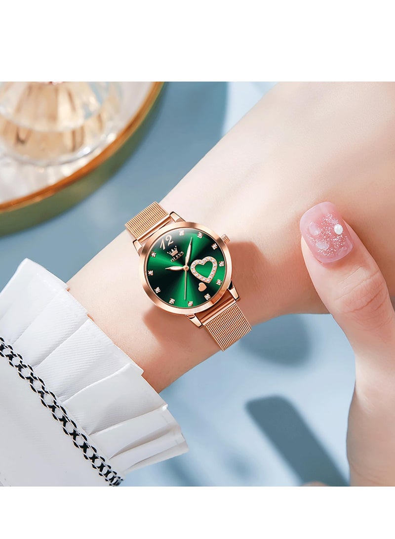 أوليفز ساعة  النسائية، ساعة معصم صغيرة باللون الذهبي الوردي والألماس اللطيف على شكل قلب وأرقام عربية للنساء، ساعة رسمية عصرية مقاومة للماء بسوار شبكي تناظري - Image 5