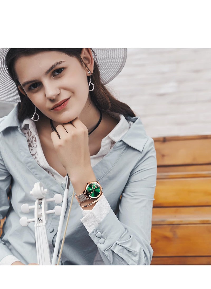 أوليفز ساعة  النسائية، ساعة معصم صغيرة باللون الذهبي الوردي والألماس اللطيف على شكل قلب وأرقام عربية للنساء، ساعة رسمية عصرية مقاومة للماء بسوار شبكي تناظري - Image 3