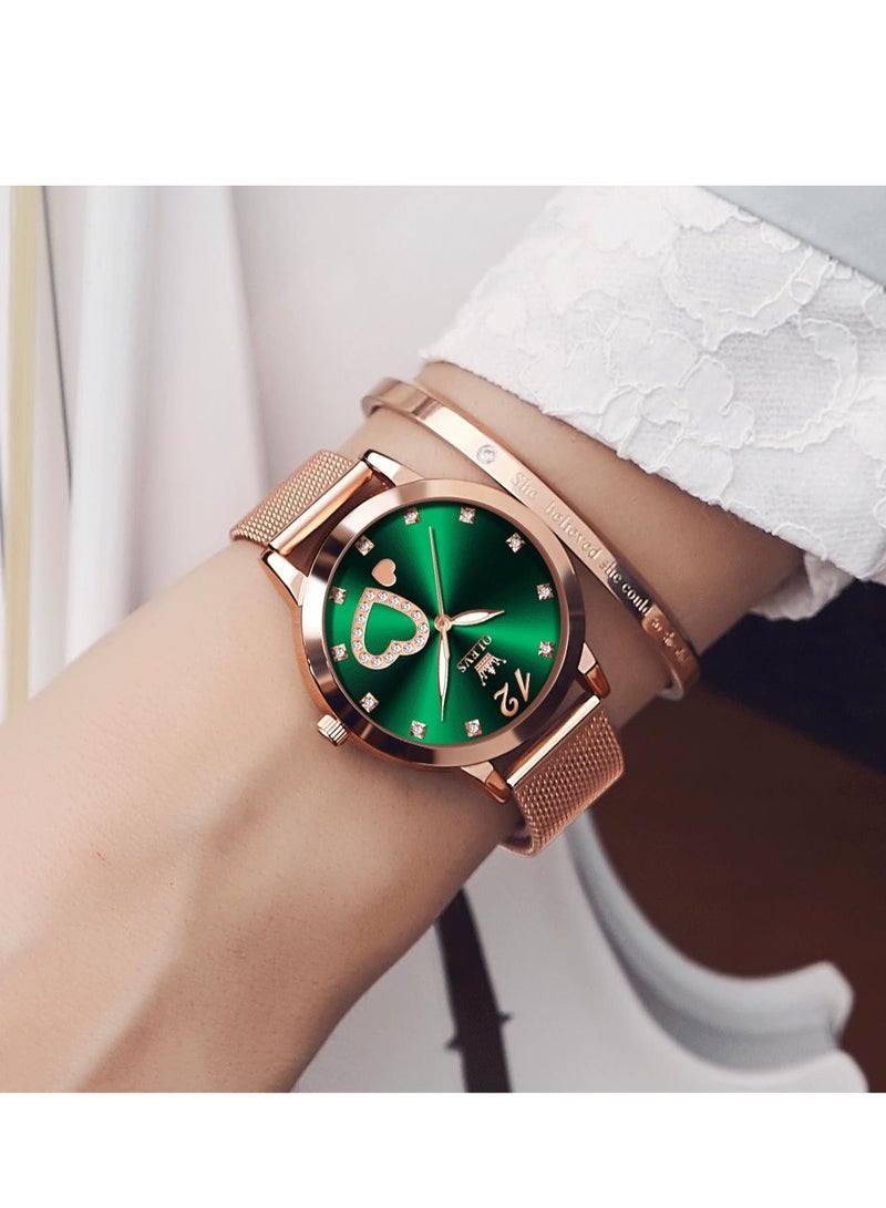 أوليفز ساعة  النسائية، ساعة معصم صغيرة باللون الذهبي الوردي والألماس اللطيف على شكل قلب وأرقام عربية للنساء، ساعة رسمية عصرية مقاومة للماء بسوار شبكي تناظري - Image 4