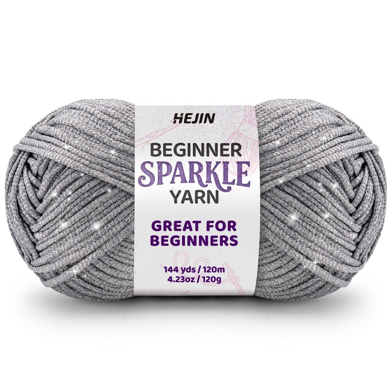 HEJIN 120g Silver Sparkle Yarn for Crocheting and Knitting; 120m(144yds) for Beginners with Easy-to-See Stitches; Worsted-Weight Medium #4; Yarn for Beginners Crochet Kit Making - Image 1