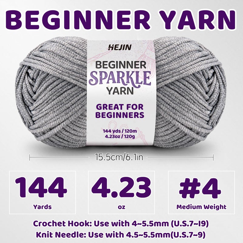 HEJIN 120g Silver Sparkle Yarn for Crocheting and Knitting; 120m(144yds) for Beginners with Easy-to-See Stitches; Worsted-Weight Medium #4; Yarn for Beginners Crochet Kit Making - Image 2